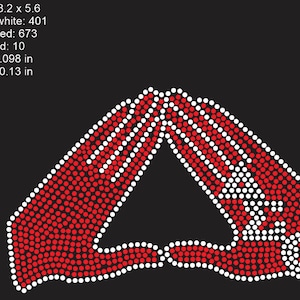 May include: Red and white rhinestone design of two hands forming a triangle shape. The design is approximately 8.2 inches wide and 5.6 inches tall.