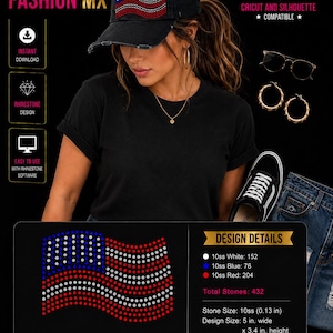 May include: Black distressed baseball cap with a rhinestone American flag design. The design is made of white, blue, and red rhinestones. The image also includes design details, such as stone size and design dimensions.