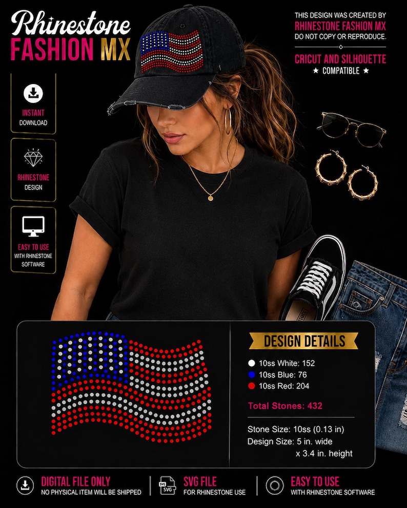 American Flag Rhinestone SVG, USA Mini Design, Pocket Size Bling ...