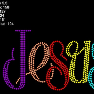 May include: The word "Jesus" spelled out in rhinestones. The "J" is purple, the "e" is pink, the "s" is red, the "u" is gold, and the "s" is light blue.