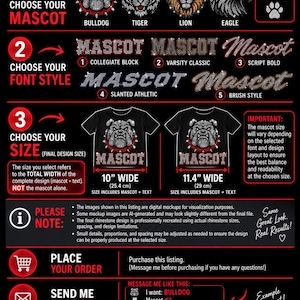Puede incluir: Una infografía negra titulada MASCOT BUILDER que muestra los pasos para pedir diseños de pedrería personalizados. Muestra opciones de mascotas, cinco estilos de fuente y dos modelos de camisetas con anchos de 25,4 cm y 29 cm.