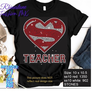 Teacher Rhinestone Design SVG | Superhero Heart Bling Template | School Shirt Transfer | Digital Download