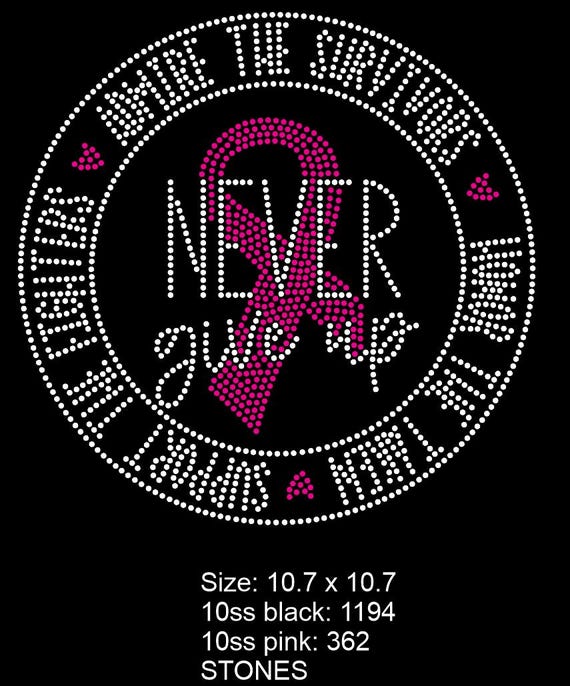 Breast Cancer Awareness Rhinestone Template – “Never Give Up” Ribbon SVG For Hotfix Rhinestones