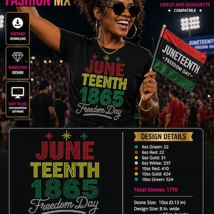May include: A black t-shirt with a rhinestone design that says "June Teenth 1865 Freedom Day" in red, yellow, and green. The image also includes a small flag with the word "Juneteenth" on it. The design is compatible with Cricut and Silhouette software.