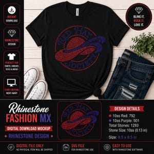 May include: Black t-shirt with a rhinestone design of a red hat and purple accent, with the words "Red Hat Society". The design is suitable for shirts, hoodies, and totes. The design size is 24.13 cm x 24.13 cm.
