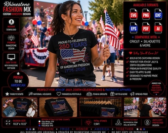 May include: A black t-shirt featuring a rhinestone graphic of the United States map with the text PROUD TO CELEBRATE 250 YEARS OF AMERICAN FREEDOM 1776-2026. The design uses red, white, and blue rhinestones to create the patriotic map illustration.