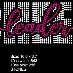 May include: Black background with the word "CHEER" in white rhinestones and "leader" in pink rhinestones. The design measures 27 x 9.4 cm. Suitable for cheerleading apparel and accessories.