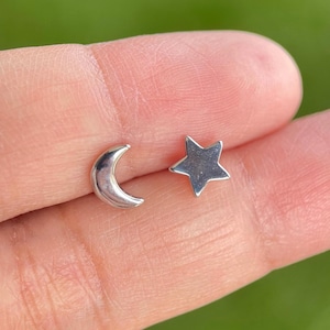 Sterling silver moon star earrings, assymetric studs, dainty earrings, minimalist earrings, unisex earrings, y2k earrings, silver moon studs