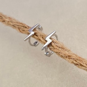 Lightning Bolt Huggie Hoop Earrings in Sterling Silver, Silver huggies earrings, Lightning Bolt Hoop Earrings, Lightning Bolt