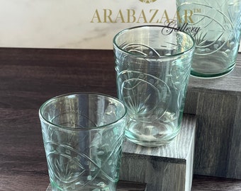 Egyptian Handblown Stemless Green Etched Tumbler Glass (Set of 3) Vintage Drinkware, Drinking Glasses, Table Centerpiece, Wedding Favors