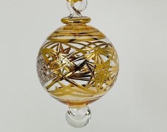 Hand Blown Glass Christmas Ornament: Egyptian Painted Globe with 14K Gold Accents