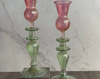 Hand Blown Swirl Glass Candle Holder Set Of 2, Tall Christmas Candle Holder Centerpiece,Candlestick Holder,Egyptian Holiday Decor