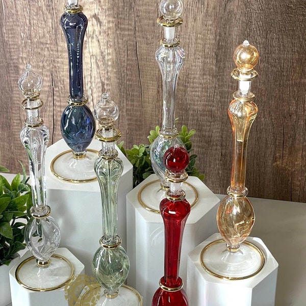 Vintage Egyptian Hand Blown Swirl Glass Tall Empty Perfume Bottle w/ 14K Gold Trim, Crystal Clear Perfume Display, Dresser Vanity Decor