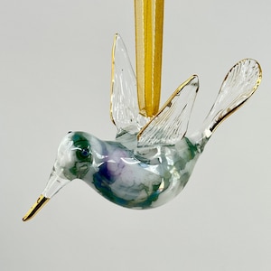 Egyptian Humming Bird Hand Blown Glass Ornament w/ Gold Trim On Beak,Wings and Tail for Christmas Tree,Garden,Xmas & Holiday,Bird Lover Gift