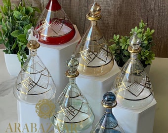 Hand Blown Glass Perfume Bottle Egyptian Flask Design with 14K Gold Trim Handmade Vanity Decor