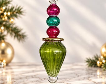 Adorno de vidrio soplado a mano con remate, diseño de lágrima acanalada y globo apilado, adorno navideño egipcio hecho a mano, decoración artesanal para el árbol.