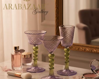 Handblown Purple and Olive Swirl Goblet Set, Vintage Inspired Glassware