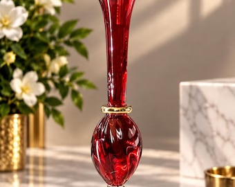 Egyptian Hand Blown Glass Perfume Bottle, Tall Slender Amphora Shape, Sculpted Oval Base, Round Stopper, Artisan Fragrance Oil Bottle
