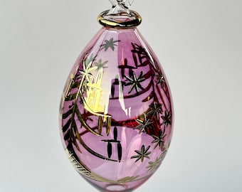 Mouth Blown Egyptian Glass Teardrop Ornament | 14K Gold Star Etched Christmas Decoration | Holiday Art