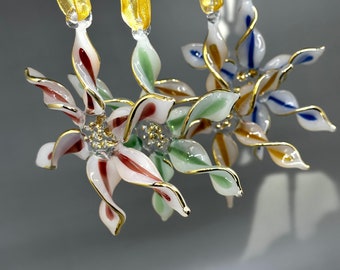 Egyptian Hand Blown Glass Spiral Star Ornament (Blue, Green, Honey Red with White), Multi-Color Unique Holiday Ornaments, Xmas Decoration