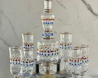 Vintage One Of Kind Egyptian Hand Blown Big Sultan Decanter Set w/ 14K Gold Trim Clear/Natural Multi Colors, Drinking Glassware (7 PCS)
