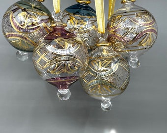Large Egyptian Blown Glass Ornament W/ Etched Geometric Design & Gold Accents, Hand Made Christmas Tree Balls Ornaments, Holiday Home Decor