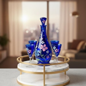 Hand Blown Egyptian Decanter Set: Ottoman Floral Painted Glassware (7PCS)