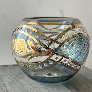 Egyptian Hand Blown Light Blue Glass Tea Light Holder w/ Raised Glass Beads & 14K Gold Leaves Accent, Votive Candle Holder Modern Home Decor