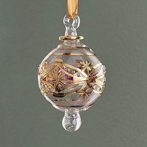 Hand Blown Glass Christmas Ornament: Egyptian Floral Design with Gold Accents