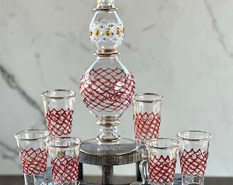 Vintage Egyptian Hand Blown Crystal Clear Glass Decanter Set w/ 14K Gold Trim & Red Geometric Pattern Drinking Glassware, Barware Set (7PCS)