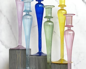 Elegant Hand Blown Swirl Glass Candle Stick Holder (Purple, Yellow, Light Blue/Green), Tall Candle Stand, Wedding Table Decor Egyptian Gifts