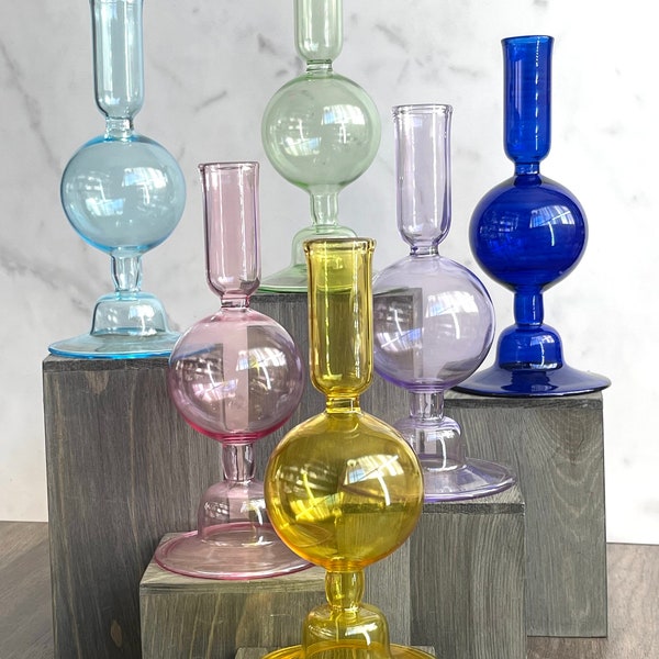 Egyptian Hand Blown Glass Globe Design Candle Holder, Candlestick Holders, Pillar Candle Stand, Colored Candle Container, Modern Home Decor