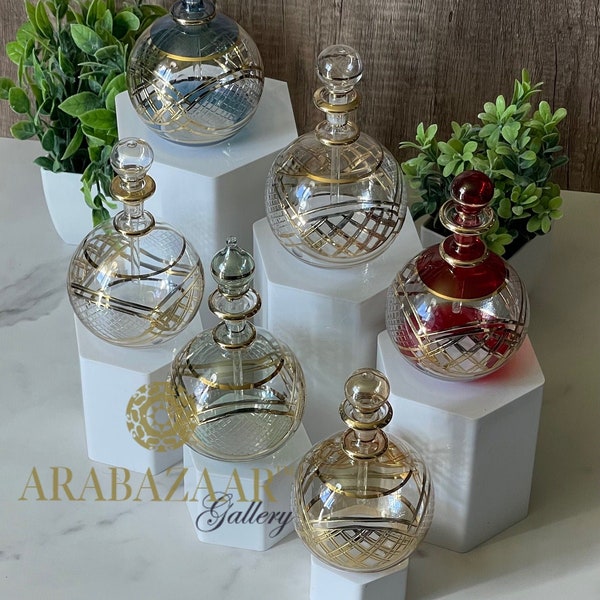 Egyptian Hand Blown Glass Empty Perfume Bottle Flat Glob Shape w/ Hand Engraving & 14K Gold Trim, Small Crystal Clear Massage Oil Bottles