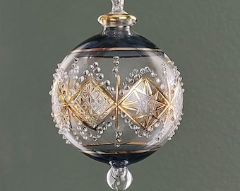 Mouth Blown Glass Christmas Ornament Egyptian Crystal Globe with Hand Painted Gold Stars and 14K Gold Accents