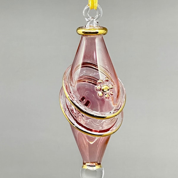 Oblong Teardrop Egyptian Hand Blown Glass Ornament (Pink, Clear or Gold), Oval Drop with 14K Gold Accents, Handmade Christmas Tree Decor