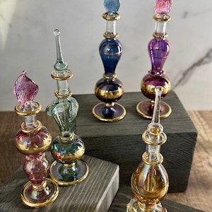 Set of 5 Miniature Perfume Bottles with Stopper, Egyptian Hand Blown Glass Empty Perfume Bottles w/ Gold Design, Decorated Perfume Bottles