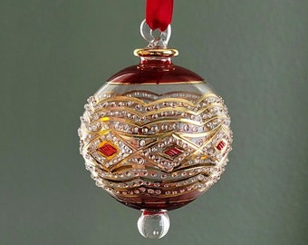 Large Glass Ball Ornament with Gold Geometric Design & Red Ends Glass, Egyptian Hand Blown Glass Globe Ornaments, Christmas Tree Decoration