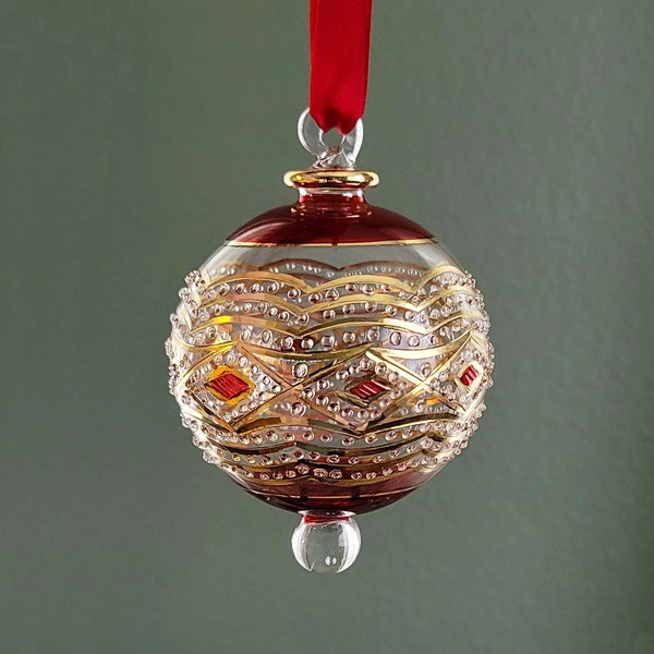 Large Glass Ball Ornament with Gold Geometric Design & Red Ends Glass, Egyptian Hand Blown Glass Globe Ornaments, Christmas Tree Decoration