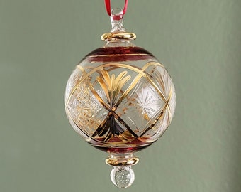 Egyptian Hand Blown Clear Glass Large Globe Ornament with Antique Design & 14K Gold Accents,Sphere, Ball Christmas Holiday Decoration