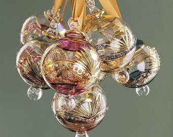 Egyptian Hand Blown Glass Small Globe Ornament with Flower Design, Gold Accents & Raised Glass Beads, Handmade Christmas Tree Decoration