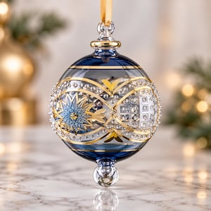 Egyptian Hand Blown Glass Christmas Ornament, Hand Painted Globe Bauble, Gold Detailed Holiday Tree Decor, Artisan Glass Ornament Gift