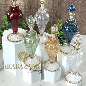 Vintage Egyptian Hand Blown Glass Empty Perfume Bottle with Stopper (Blue, Orange, Green,Red,Clear) Refillable Bottles, Dresser Vanity Decor