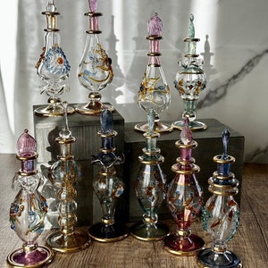 Luxury Embossed Glass Design 15ML Egyptian Hand Blown Empty Perfume Bottles, Vintage Colorful Essential/Massage Oil Bottles, Set of 5Variety