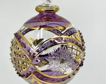 Große mundgeblasene ägyptische Glaskugel Ornament | Geometrisches geprägtes Design | 14K Gold Akzente Weihnachtsdekor