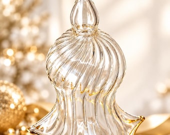 Handblåst glasklocka, ribbad volangklockadesign, egyptisk handgjord julgransprydnad, hantverksmässig glasgransdekoration
