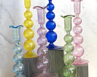 Hand Blown Short Puffed Swirl Glass Candle Stick Holders(Pink,Purple,Yellow,Cobalt Blue,Light Green/Blue) Colored Candle Stand,Egyptian Gift