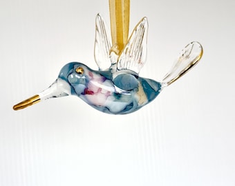 Mundgeblasenes Glas Kolibri Ornament | Ägyptische Artistik Weihnachtsdekor | Einzigartige mehrfarbige Goldakzente | Luxus