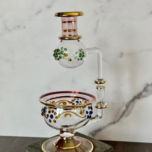 Egyptian Hand Blown Glass Essential Oil Burner, Unique Luxury Embossed Glass Art w/ 14K Gold Design, Aroma Oil Diffuser, New Home Gift Pink