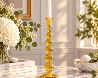 Mundgeblasener Kerzenhalter aus Glas, gerippter Kerzenständer, elegante Tischdekoration, handgefertigte Glasdekoration für Zuhause, Hochzeitsdekoration