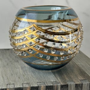 Egyptian MouthBlown Blue Glass Tea Light Holder w/ Raised Glass Beads Votive Candle Holder, Wedding Table Centerpiece, Elegant Holiday Decor